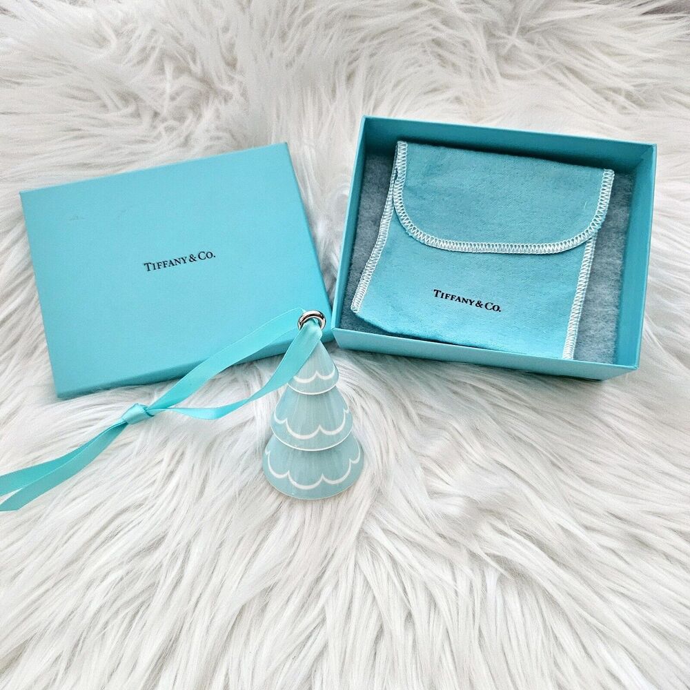 RETIRED Tiffany & Co. Chrismas Tree Blue White Holiday Ornament Bone China